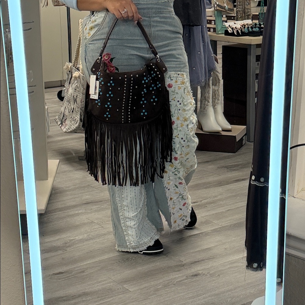 Bohemian Brown Shoulder Bag with Blue Studs - Picture 6 of 6